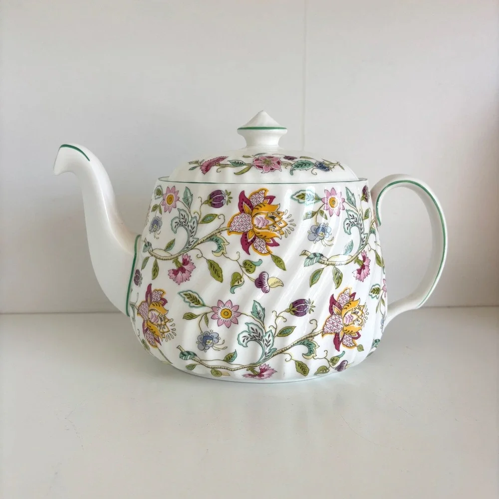 Minton Haddon Hall B-1451 Bone China Teapot 1 1/2 Pints Floral Green Trim